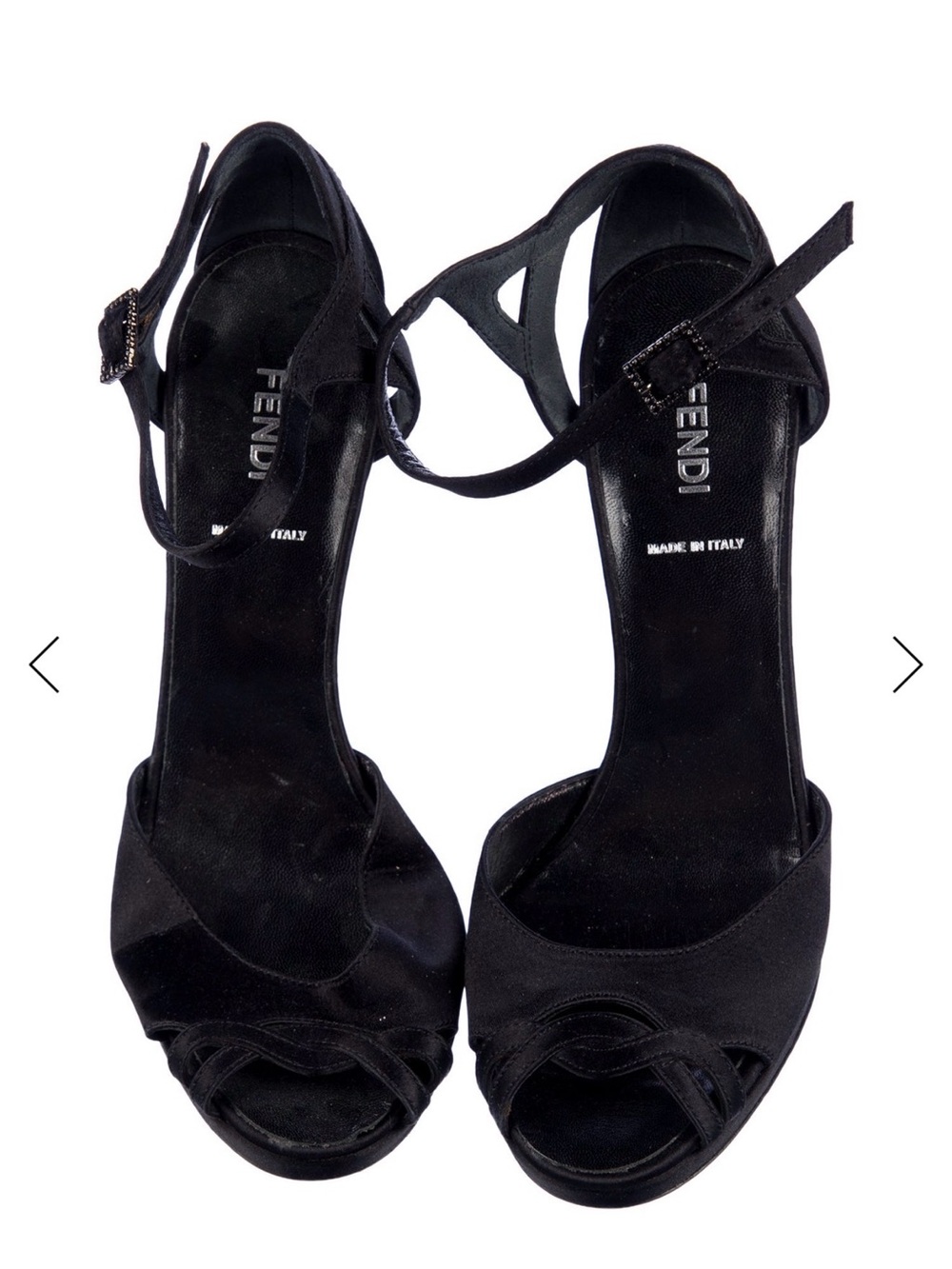 Fendi Black Satin Open-Toe Ankle-Strap Heels with Buckle